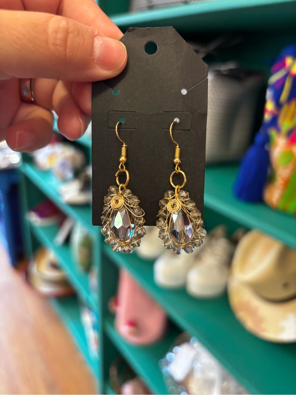 Gold Crystal Teardrop Earrings with Clear Faceted Stones